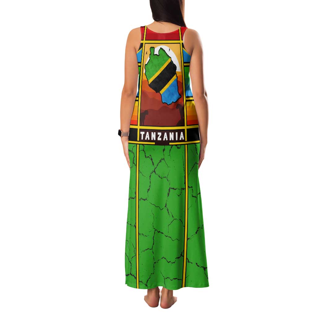African Sunset Design Tank Maxi Dress with Flag Map Mount Kilimanjaro and Wildlife Scene