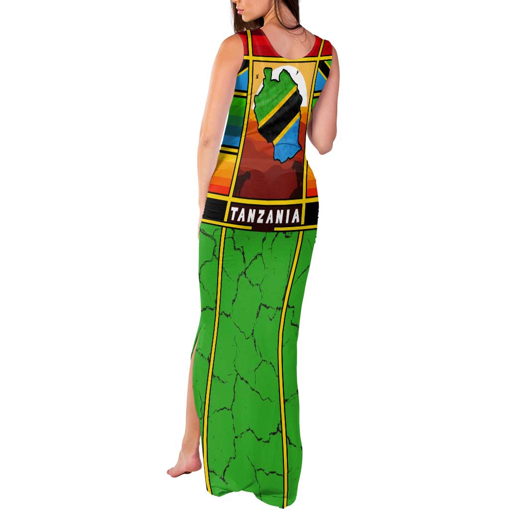 African Sunset Design Tank Maxi Dress with Flag Map Mount Kilimanjaro and Wildlife Scene