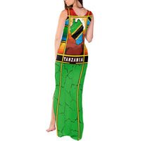 African Sunset Design Tank Maxi Dress with Flag Map Mount Kilimanjaro and Wildlife Scene