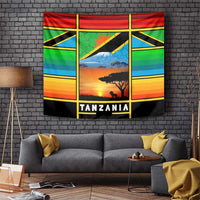African Sunset Design Tapestry with Flag Map Mount Kilimanjaro and Wildlife Scene