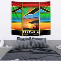 African Sunset Design Tapestry with Flag Map Mount Kilimanjaro and Wildlife Scene