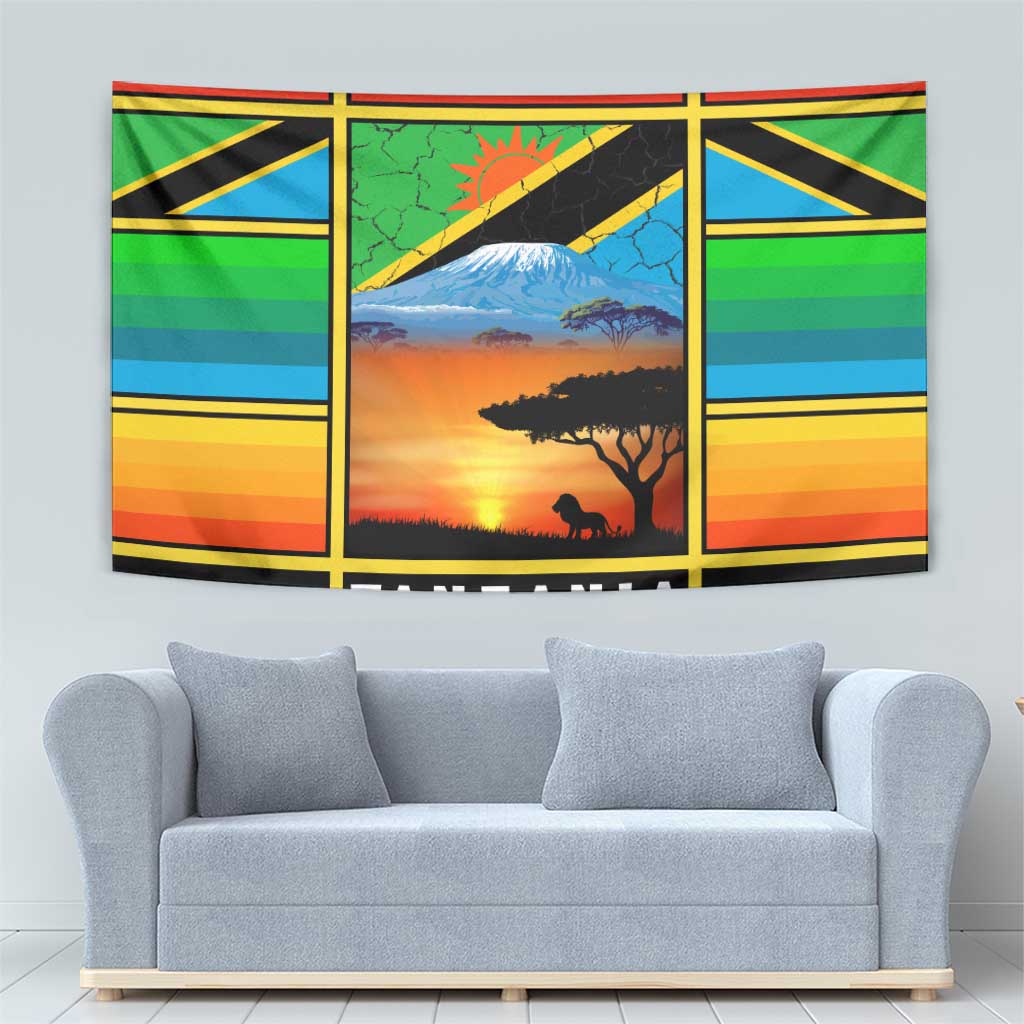 African Sunset Design Tapestry with Flag Map Mount Kilimanjaro and Wildlife Scene
