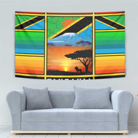 African Sunset Design Tapestry with Flag Map Mount Kilimanjaro and Wildlife Scene