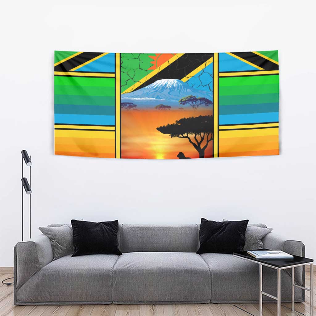 African Sunset Design Tapestry with Flag Map Mount Kilimanjaro and Wildlife Scene