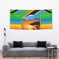 African Sunset Design Tapestry with Flag Map Mount Kilimanjaro and Wildlife Scene