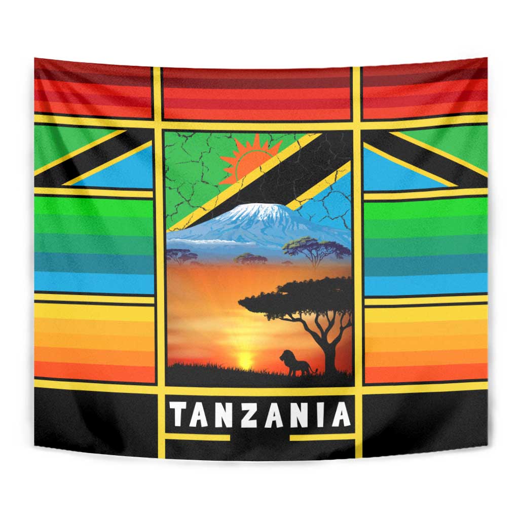 African Sunset Design Tapestry with Flag Map Mount Kilimanjaro and Wildlife Scene