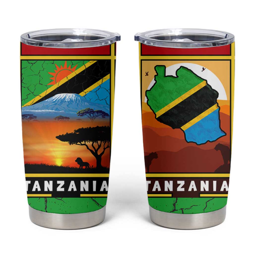 African Sunset Design Tumbler Cup with Flag Map Mount Kilimanjaro and Wildlife Scene
