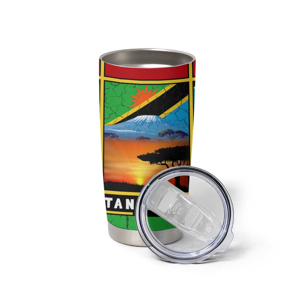 African Sunset Design Tumbler Cup with Flag Map Mount Kilimanjaro and Wildlife Scene