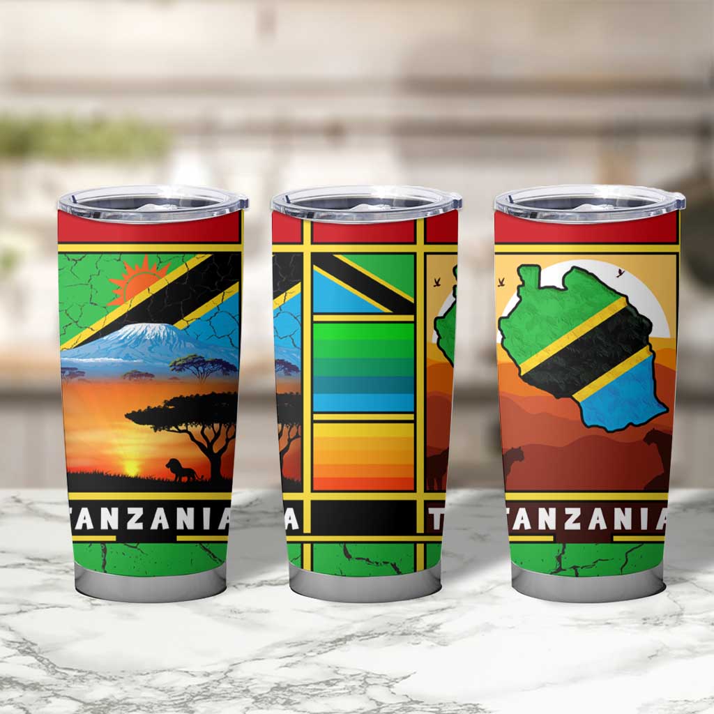 African Sunset Design Tumbler Cup with Flag Map Mount Kilimanjaro and Wildlife Scene