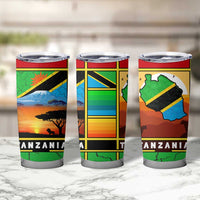 African Sunset Design Tumbler Cup with Flag Map Mount Kilimanjaro and Wildlife Scene