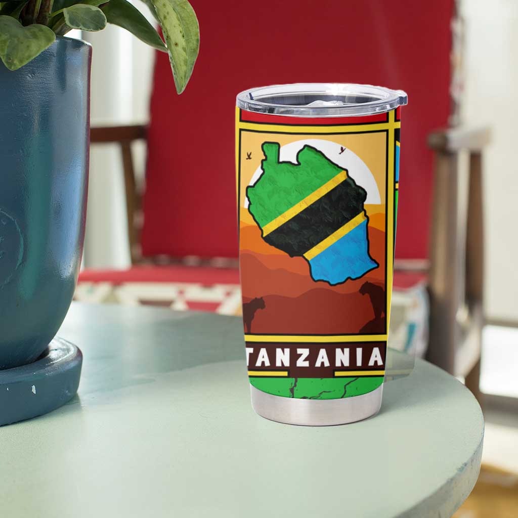 African Sunset Design Tumbler Cup with Flag Map Mount Kilimanjaro and Wildlife Scene