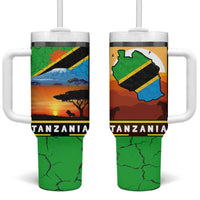 African Sunset Design Tumbler With Handle with Flag Map Mount Kilimanjaro and Wildlife Scene