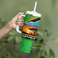 African Sunset Design Tumbler With Handle with Flag Map Mount Kilimanjaro and Wildlife Scene