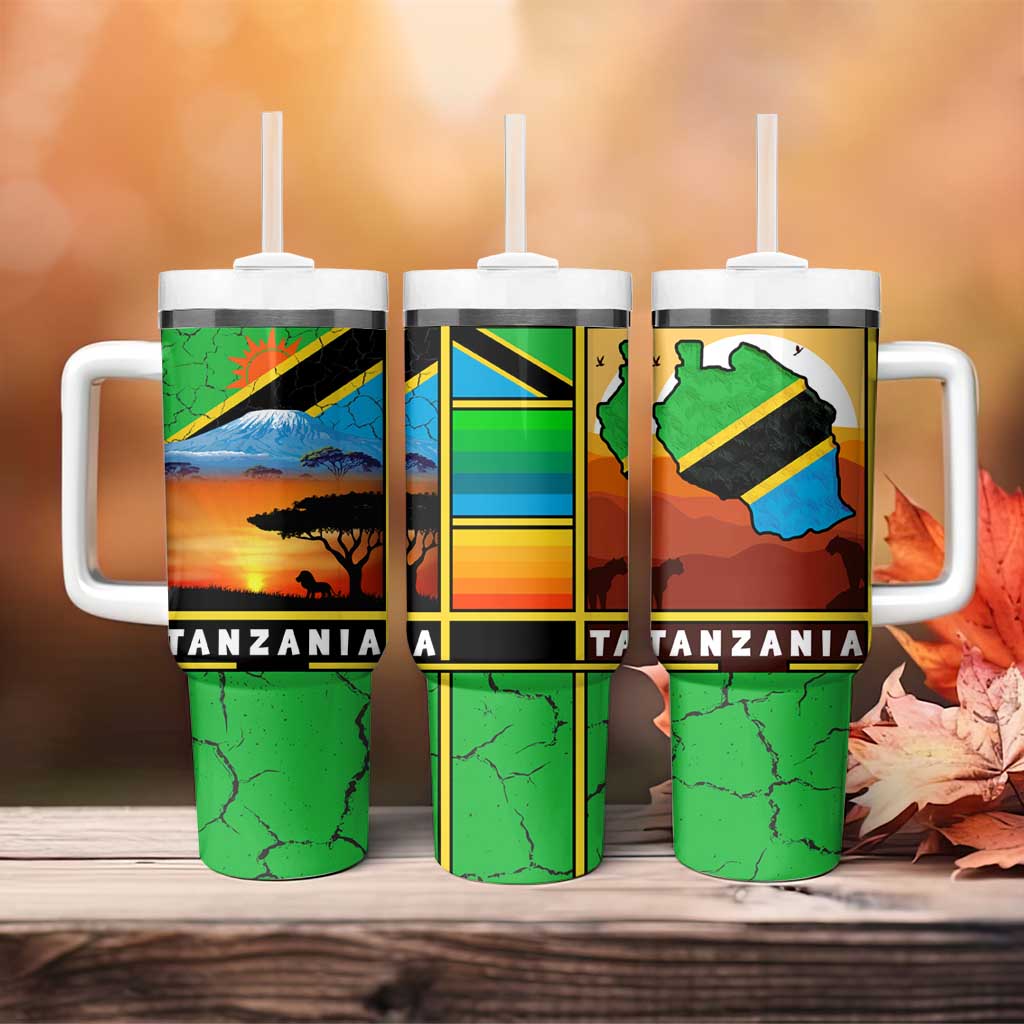 African Sunset Design Tumbler With Handle with Flag Map Mount Kilimanjaro and Wildlife Scene
