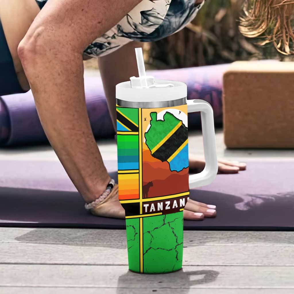 African Sunset Design Tumbler With Handle with Flag Map Mount Kilimanjaro and Wildlife Scene