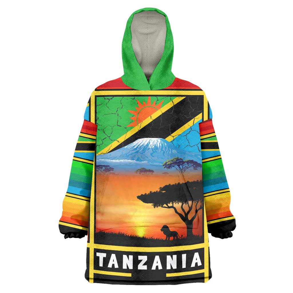 African Sunset Design Wearable Blanket Hoodie with Flag Map Mount Kilimanjaro and Wildlife Scene