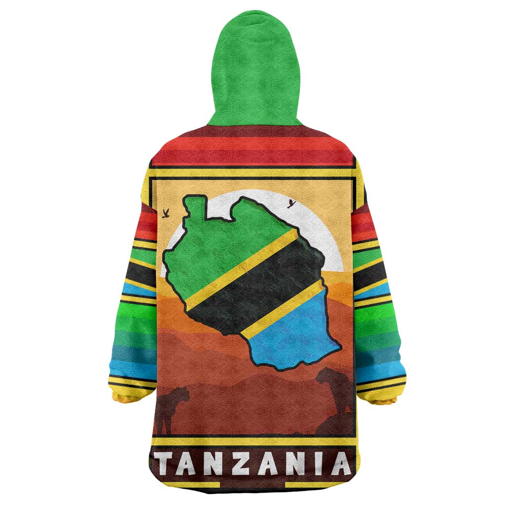 African Sunset Design Wearable Blanket Hoodie with Flag Map Mount Kilimanjaro and Wildlife Scene