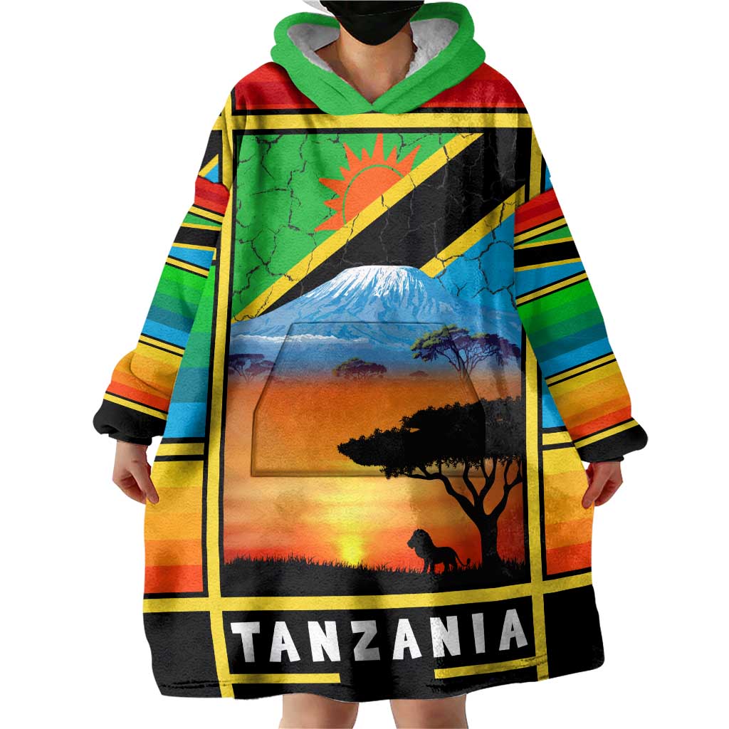 African Sunset Design Wearable Blanket Hoodie with Flag Map Mount Kilimanjaro and Wildlife Scene