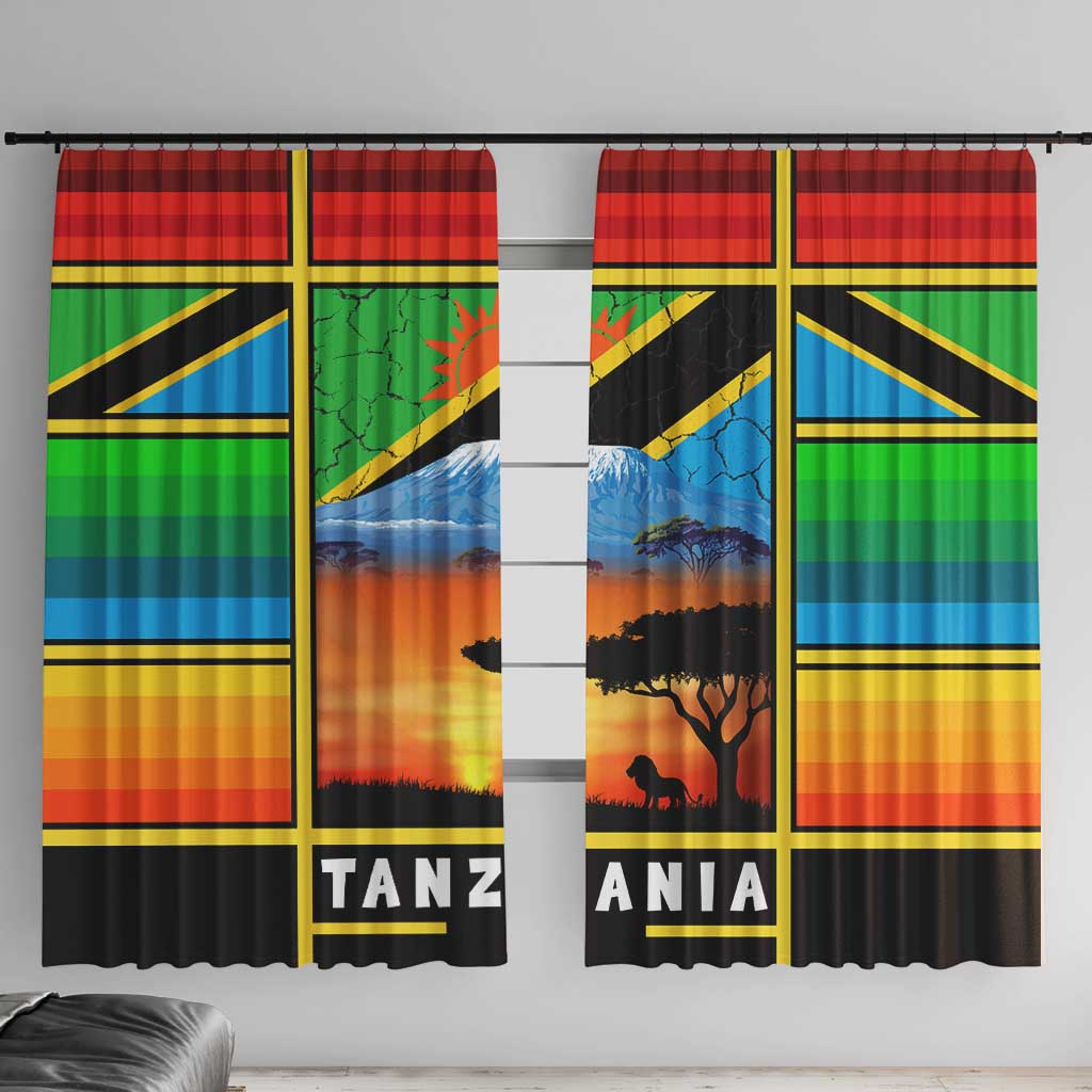 African Sunset Design Window Curtain with Flag Map Mount Kilimanjaro and Wildlife Scene