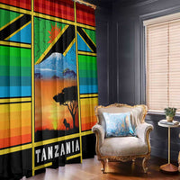 African Sunset Design Window Curtain with Flag Map Mount Kilimanjaro and Wildlife Scene