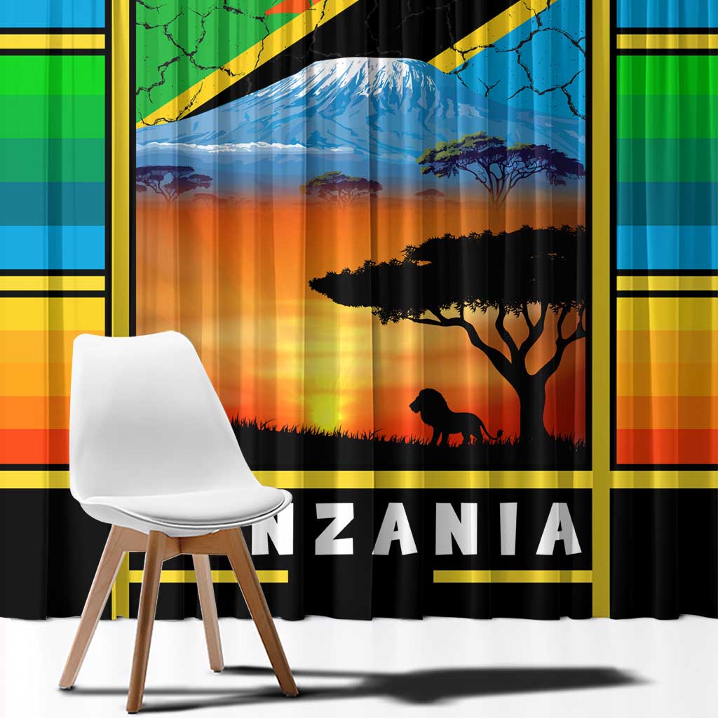 African Sunset Design Window Curtain with Flag Map Mount Kilimanjaro and Wildlife Scene