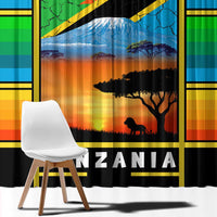 African Sunset Design Window Curtain with Flag Map Mount Kilimanjaro and Wildlife Scene