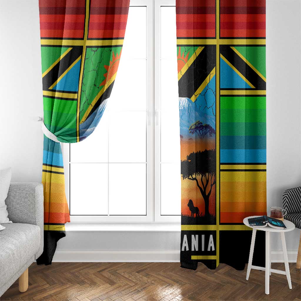 African Sunset Design Window Curtain with Flag Map Mount Kilimanjaro and Wildlife Scene