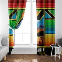 African Sunset Design Window Curtain with Flag Map Mount Kilimanjaro and Wildlife Scene