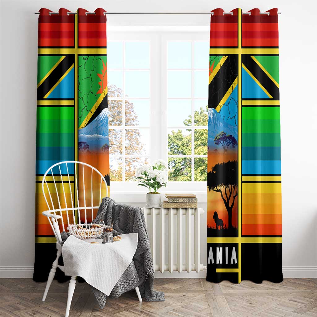 African Sunset Design Window Curtain with Flag Map Mount Kilimanjaro and Wildlife Scene
