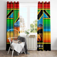 African Sunset Design Window Curtain with Flag Map Mount Kilimanjaro and Wildlife Scene