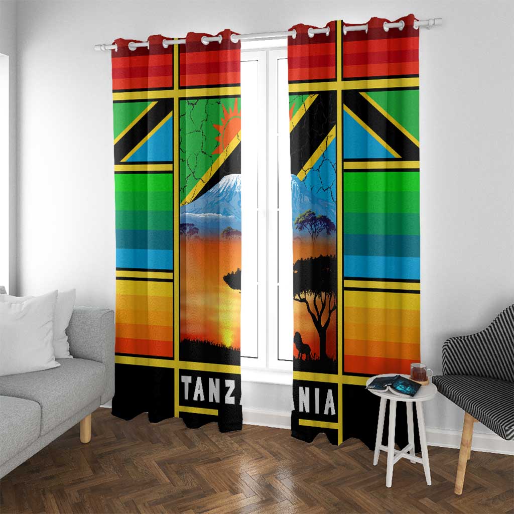 African Sunset Design Window Curtain with Flag Map Mount Kilimanjaro and Wildlife Scene