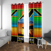 African Sunset Design Window Curtain with Flag Map Mount Kilimanjaro and Wildlife Scene