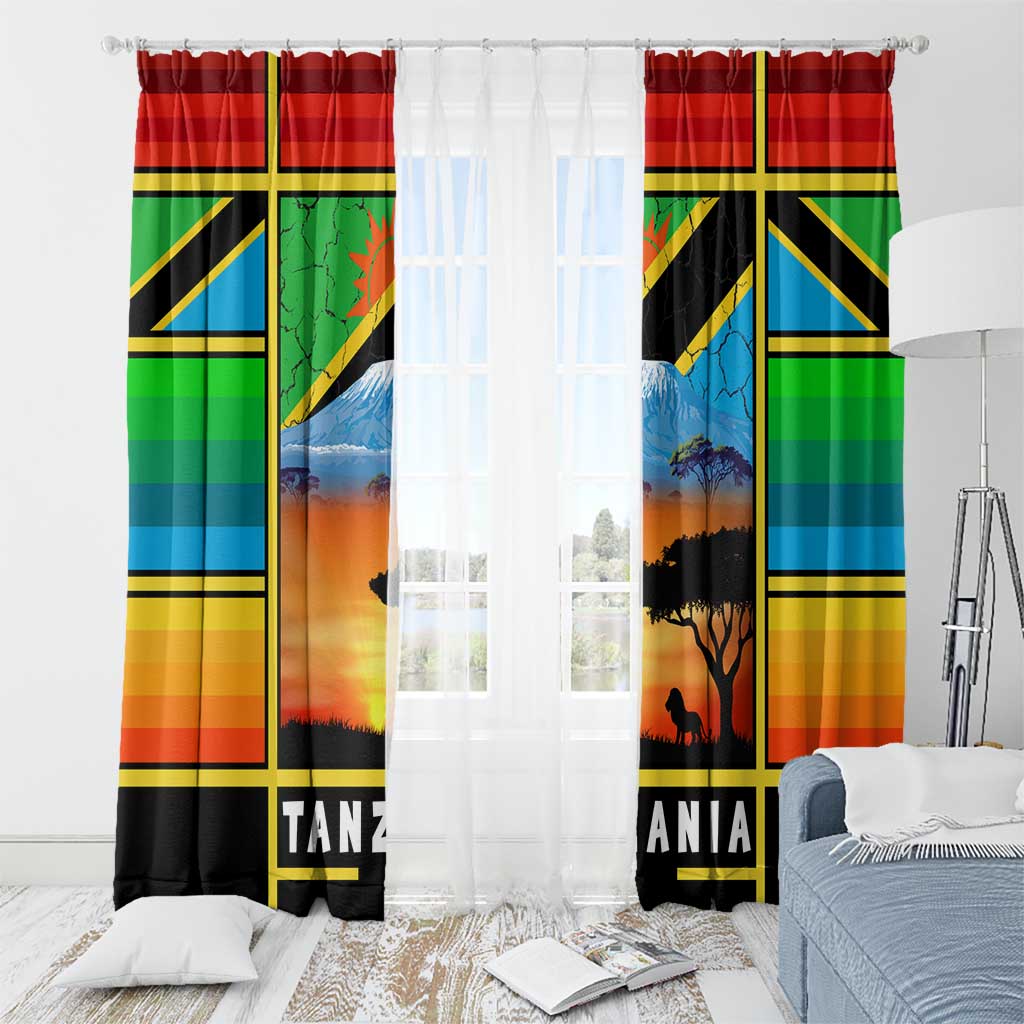 African Sunset Design Window Curtain with Flag Map Mount Kilimanjaro and Wildlife Scene