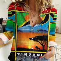 African Sunset Design Women Casual Shirt with Flag Map Mount Kilimanjaro and Wildlife Scene