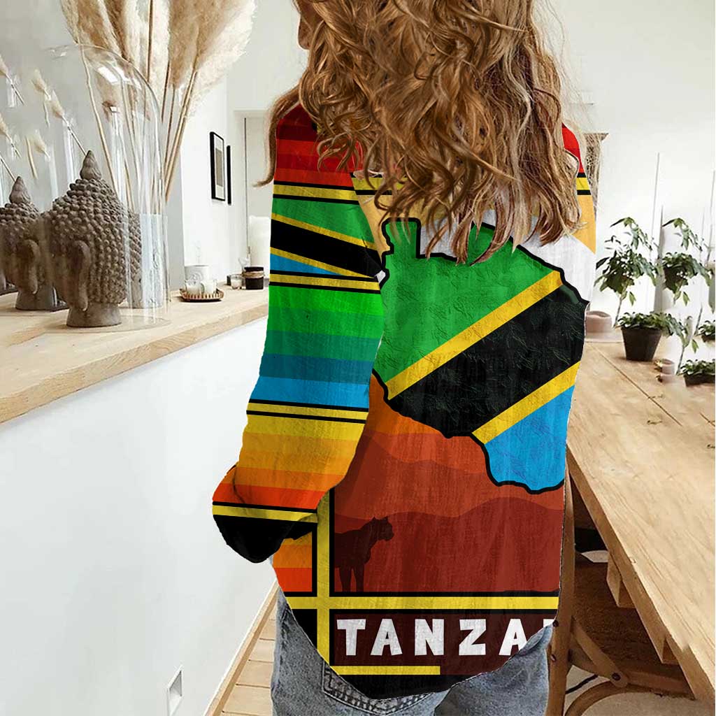 African Sunset Design Women Casual Shirt with Flag Map Mount Kilimanjaro and Wildlife Scene