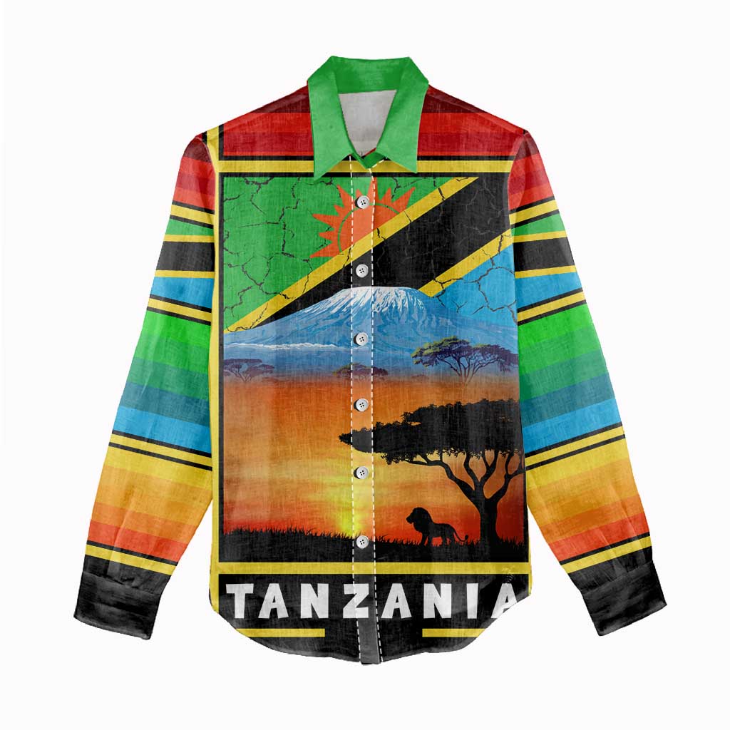 African Sunset Design Women Casual Shirt with Flag Map Mount Kilimanjaro and Wildlife Scene