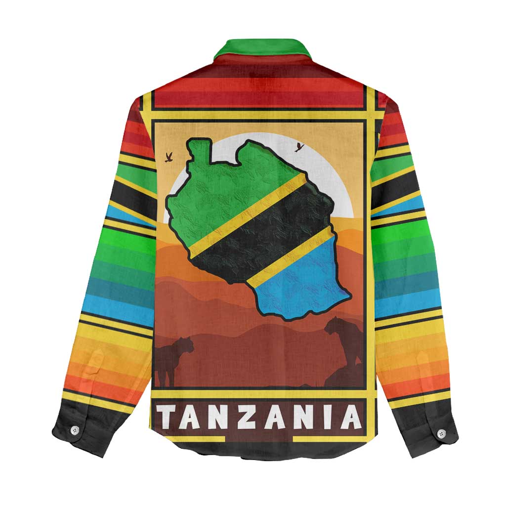 African Sunset Design Women Casual Shirt with Flag Map Mount Kilimanjaro and Wildlife Scene