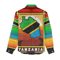 African Sunset Design Women Casual Shirt with Flag Map Mount Kilimanjaro and Wildlife Scene