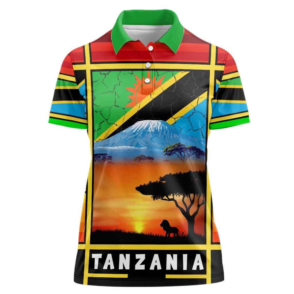 African Sunset Design Women Polo Shirt with Flag Map Mount Kilimanjaro and Wildlife Scene