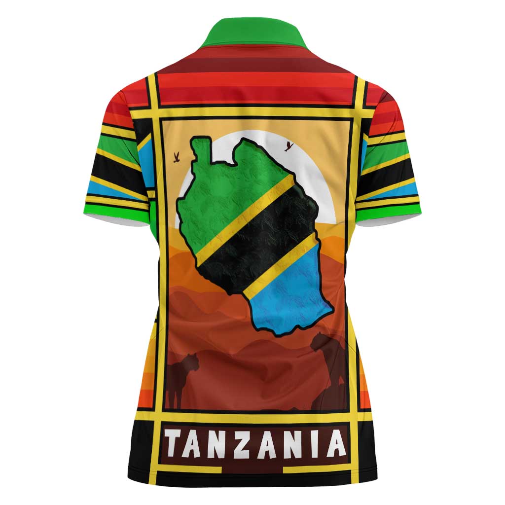 African Sunset Design Women Polo Shirt with Flag Map Mount Kilimanjaro and Wildlife Scene