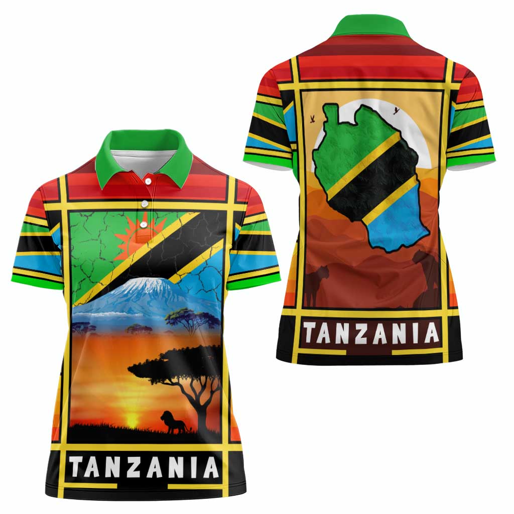 African Sunset Design Women Polo Shirt with Flag Map Mount Kilimanjaro and Wildlife Scene