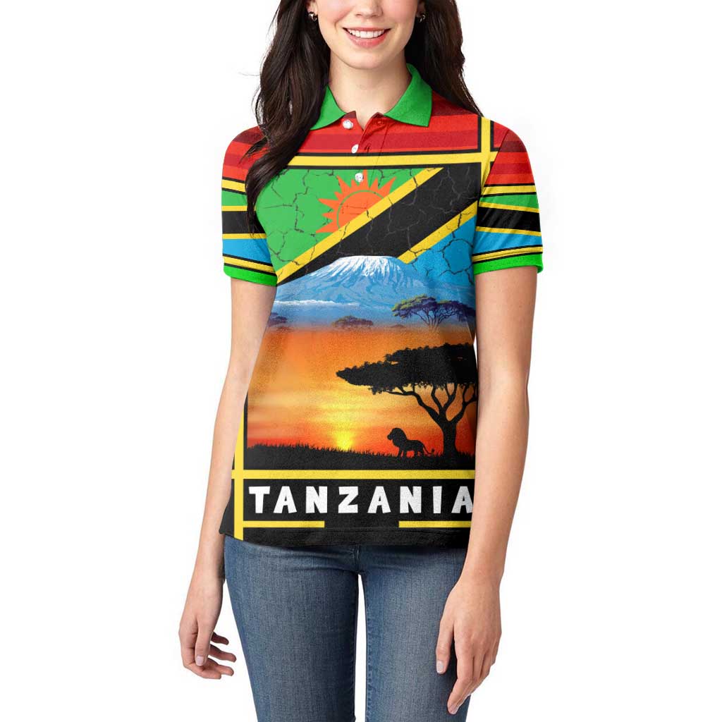 African Sunset Design Women Polo Shirt with Flag Map Mount Kilimanjaro and Wildlife Scene
