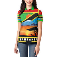 African Sunset Design Women Polo Shirt with Flag Map Mount Kilimanjaro and Wildlife Scene