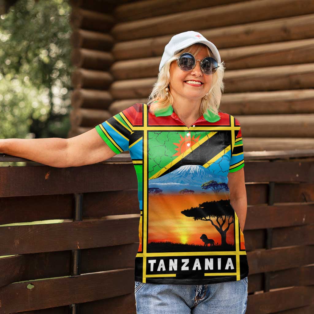 African Sunset Design Women Polo Shirt with Flag Map Mount Kilimanjaro and Wildlife Scene