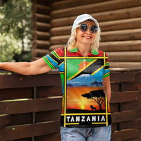 African Sunset Design Women Polo Shirt with Flag Map Mount Kilimanjaro and Wildlife Scene