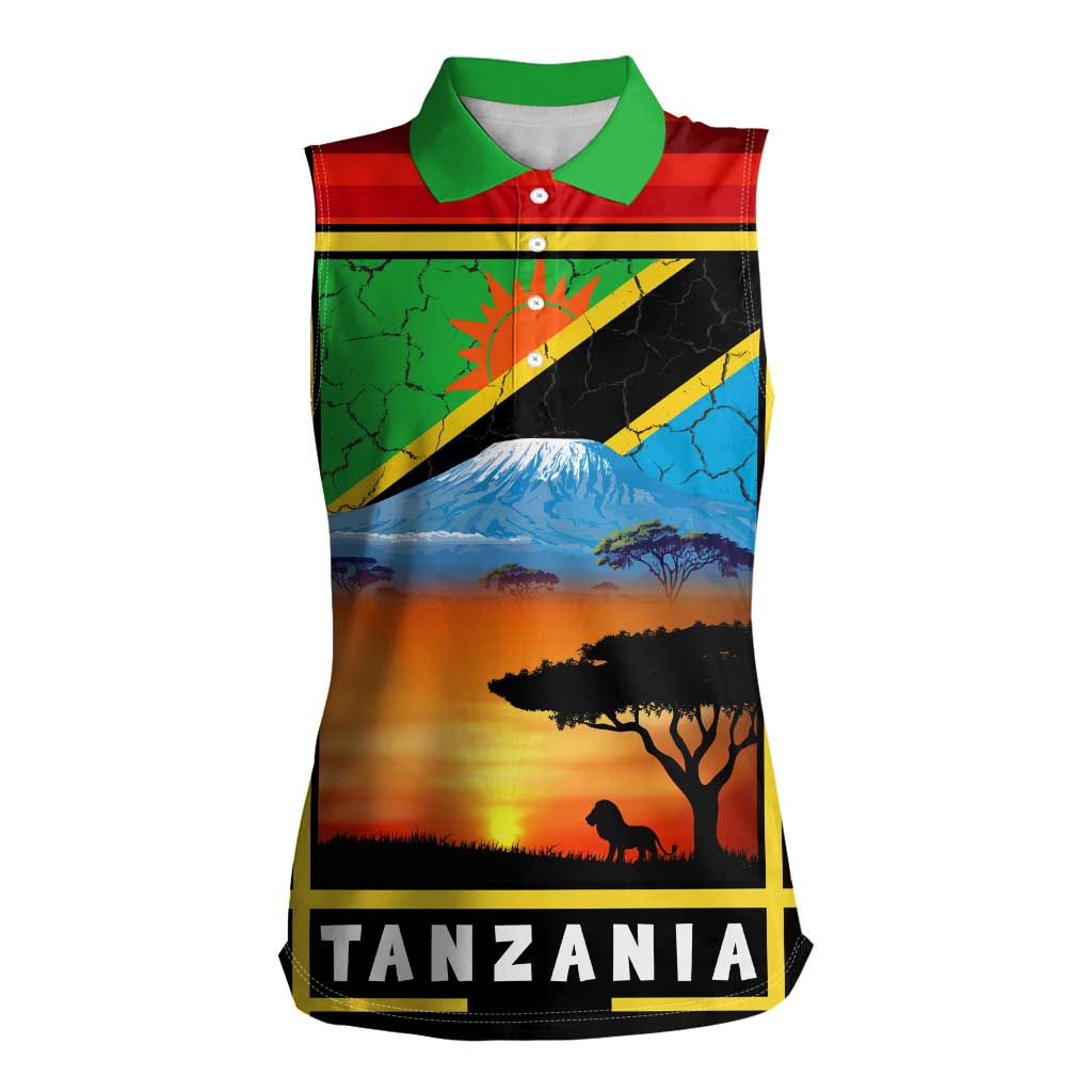 African Sunset Design Women Sleeveless Polo Shirt with Flag Map Mount Kilimanjaro and Wildlife Scene