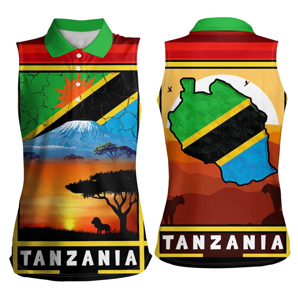African Sunset Design Women Sleeveless Polo Shirt with Flag Map Mount Kilimanjaro and Wildlife Scene
