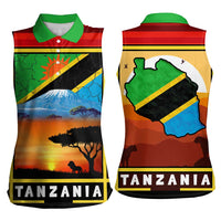 African Sunset Design Women Sleeveless Polo Shirt with Flag Map Mount Kilimanjaro and Wildlife Scene