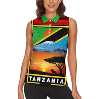 African Sunset Design Women Sleeveless Polo Shirt with Flag Map Mount Kilimanjaro and Wildlife Scene