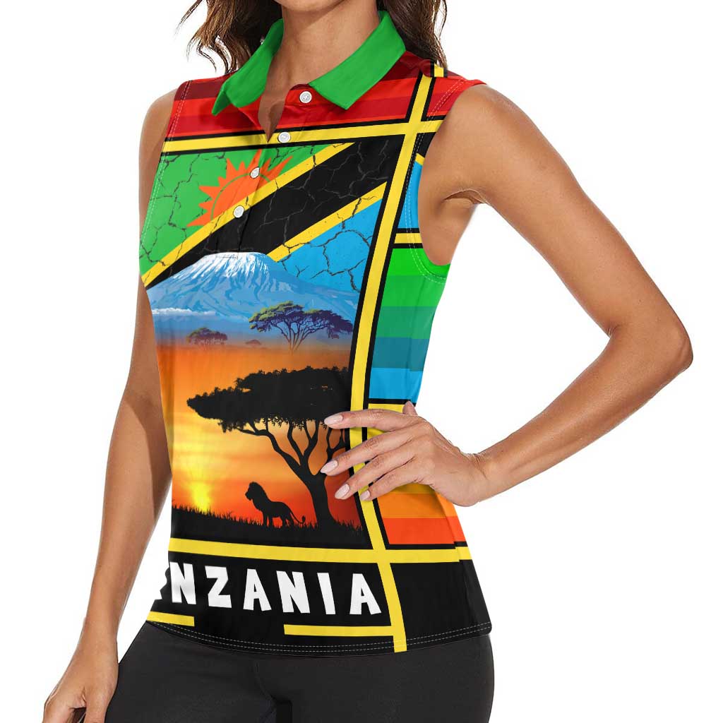 African Sunset Design Women Sleeveless Polo Shirt with Flag Map Mount Kilimanjaro and Wildlife Scene